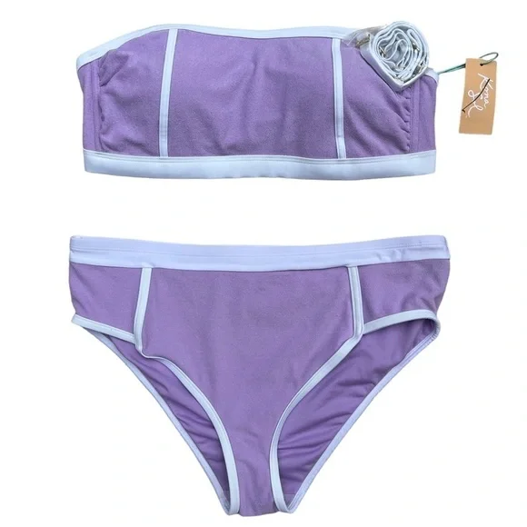 Kona Sol Purple Terry Cloth Bandeau Bikini Set High Waist 14W - Picture 3 of 12